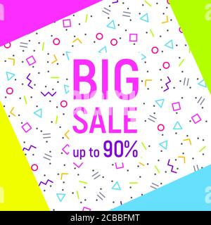 Abstract Big Sale Banner, geometrische Hintergrund mit verschiedenen geometrischen Formen - Dreiecke, Kreise, Punkte, Linien. Memphis-Stil. Hell und farbenfroh, Stock Vektor