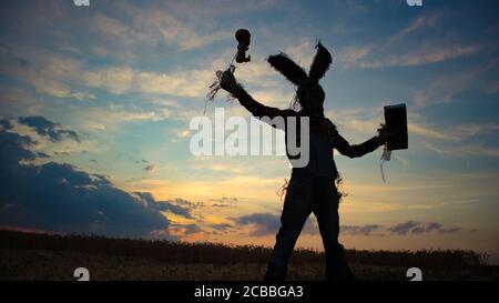 Der Mann im Bild des Zauberers im Hut mit Kaninchenohren führt ein Voodoo-Ritual durch und hält Puppe mit aufgespießenem Draht gegen den Sonnenuntergangshimmel im Feld. Stockfoto