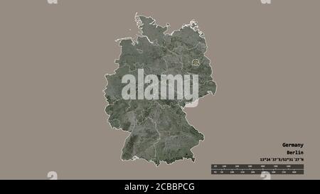 Entsättigte Form Deutschlands mit seiner Hauptstadt, der Hauptregionalteilung und dem abgetrennten Berliner Raum. Beschriftungen. Satellitenbilder. 3D-Rendering Stockfoto