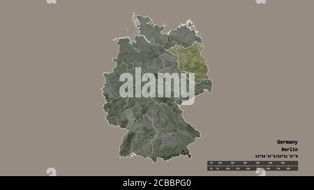 Entsättigte Form Deutschlands mit seiner Hauptstadt, der Hauptregionalteilung und dem abgetrennten Brandenburgischen Raum. Beschriftungen. Satellitenbilder. 3D-Rendering Stockfoto