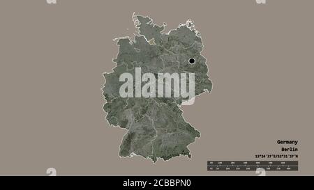 Entsättigte Form Deutschlands mit seiner Hauptstadt, Hauptregionalteilung und dem abgetrennten Hamburger Raum. Beschriftungen. Satellitenbilder. 3D-Rendering Stockfoto