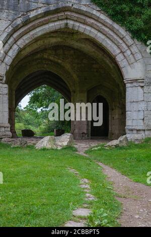 Roche Abbey, Gemeinde Maltby, Rotherham, South Yorkshire, Englisches Erbe, geplantes Denkmal, historische Stätte, Struktur, Garten, Umwelt. Stockfoto