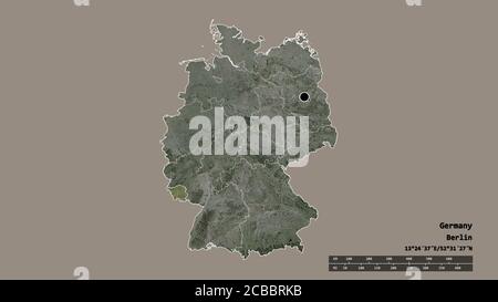 Entsättigte Form Deutschlands mit seiner Hauptstadt, Hauptregionalteilung und dem abgetrennten Saarland. Beschriftungen. Satellitenbilder. 3D-Rendering Stockfoto