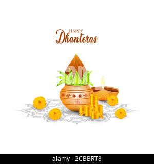 Indische Feiertag der glücklichen Dhanteras während der Diwali Jahreszeit für Wohlstand. Münztopf auf glänzendem floralem Hintergrund für Shubh Dhanteras Festival Stock Vektor