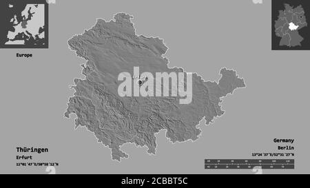 Form von Thüringen und seiner Hauptstadt. Entfernungsskala, Vorschauen und Beschriftungen. Höhenkarte mit zwei Ebenen. 3D-Rendering Stockfoto