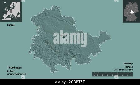 Form von Thüringen und seiner Hauptstadt. Entfernungsskala, Vorschauen und Beschriftungen. Farbige Höhenkarte. 3D-Rendering Stockfoto