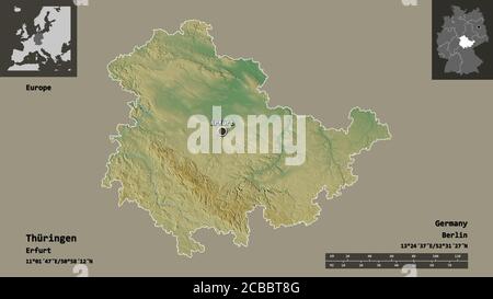 Form von Thüringen und seiner Hauptstadt. Entfernungsskala, Vorschauen und Beschriftungen. Topografische Reliefkarte. 3D-Rendering Stockfoto