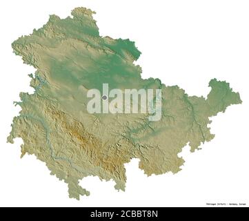 Form von Thüringen, Bundesland Deutschland, mit seiner Hauptstadt isoliert auf weißem Hintergrund. Topografische Reliefkarte. 3D-Rendering Stockfoto