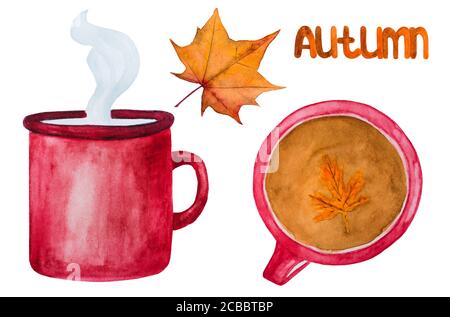 Tasse duftenden Morgenkaffee, in Aquarell gemalt. Stockfoto