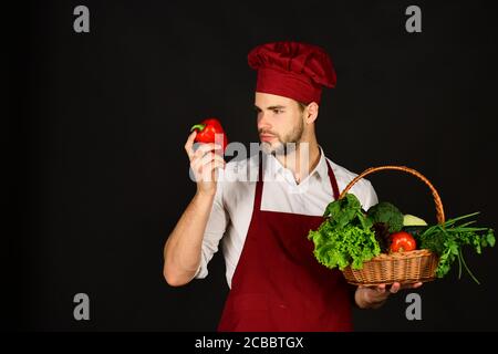 Koch in burgunderroter Uniform hält roten Pfeffer in der Hand. Vegetarisches Menü. Mann mit Bart auf schwarzem Hintergrund, Kopierraum. Kochen Sie mit neugierigen Gesicht mit Korb mit frischem Gemüse. Stockfoto