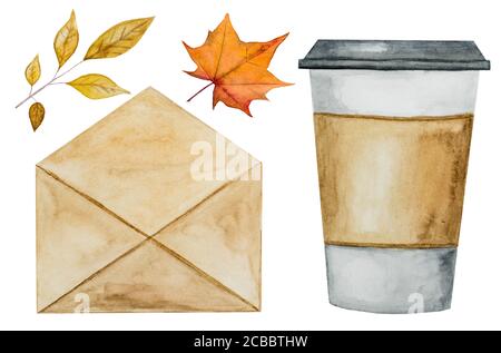 Tasse duftenden Morgenkaffee, in Aquarell gemalt. Stockfoto