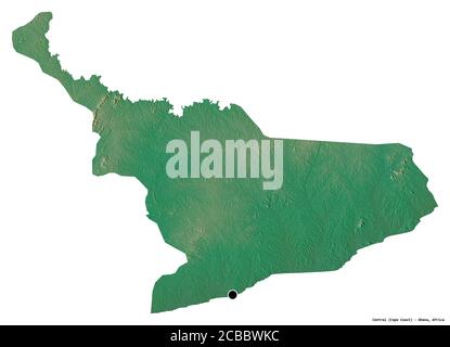 Form von Central, Region von Ghana, mit seiner Hauptstadt isoliert auf weißem Hintergrund. Topografische Reliefkarte. 3D-Rendering Stockfoto