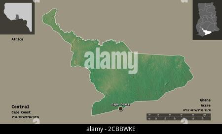 Form von Central, Region von Ghana, und seine Hauptstadt. Entfernungsskala, Vorschauen und Beschriftungen. Topografische Reliefkarte. 3D-Rendering Stockfoto