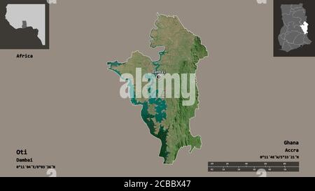 Form von Oti, Region von Ghana, und seine Hauptstadt. Entfernungsskala, Vorschauen und Beschriftungen. Satellitenbilder. 3D-Rendering Stockfoto