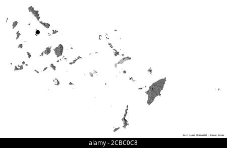 Form der südlichen Ägäis, dezentrale Verwaltung von Griechenland, mit seiner Hauptstadt isoliert auf weißem Hintergrund. Höhenkarte mit zwei Ebenen. 3D-Rendering Stockfoto