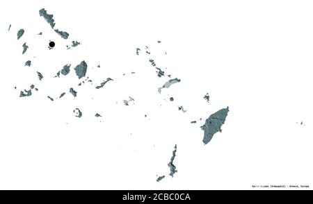 Form der südlichen Ägäis, dezentrale Verwaltung von Griechenland, mit seiner Hauptstadt isoliert auf weißem Hintergrund. Farbige Höhenkarte. 3D-Rendering Stockfoto