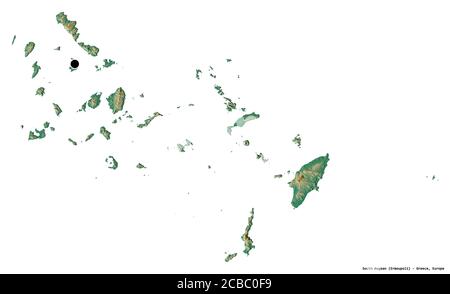 Form der südlichen Ägäis, dezentrale Verwaltung von Griechenland, mit seiner Hauptstadt isoliert auf weißem Hintergrund. Topografische Reliefkarte. 3D-Rendering Stockfoto