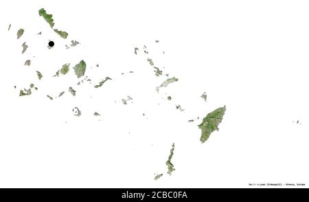 Form der südlichen Ägäis, dezentrale Verwaltung von Griechenland, mit seiner Hauptstadt isoliert auf weißem Hintergrund. Satellitenbilder. 3D-Rendering Stockfoto