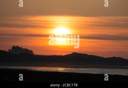 Sonnenuntergang über Bamburgh Castle und Strand, Bamburgh, Northumberland, Großbritannien. Stockfoto