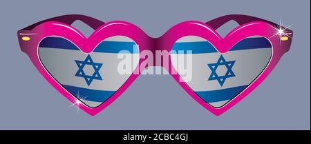 Sonnenbrille in Form eines Herzens mit der Flagge Israels, Illustration für Präsentationen, Einladungen. Stock Vektor