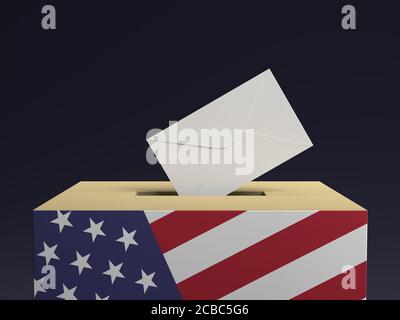 3D-gerenderte Konzeptdarstellung eines Voting-Kastens mit US-Flagge Bemalt auf der Vorderseite und Stimmzettel in Umschlag in Nahaufnahme Stockfoto