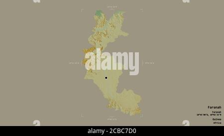 Gebiet von Faranah, Region Guinea, isoliert auf einem soliden Hintergrund in einem georeferenzierten Begrenzungsrahmen. Beschriftungen. Topografische Reliefkarte. 3D-Rendering Stockfoto