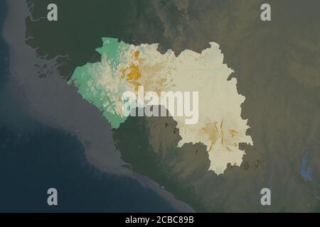 Form von Guinea durch die Entsättigung der benachbarten Gebiete getrennt. Topografische Reliefkarte. 3D-Rendering Stockfoto