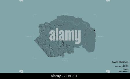 Gebiet von Cuyuni-Mazaruni, Region Guyana, isoliert auf einem soliden Hintergrund in einem georeferenzierten Begrenzungsrahmen. Beschriftungen. Farbige Höhenkarte. 3D-Rendering Stockfoto