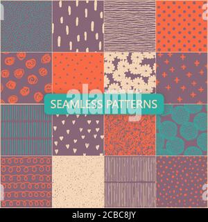 Set von Vektor nahtlose Frühlingsmuster mit Blumen, Doodle-Muster, Punkte, Herzen, Linien. Stock Vektor