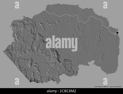Form von Cuyuni-Mazaruni, Region von Guyana, mit seiner Hauptstadt isoliert auf einem einfarbigen Hintergrund. Höhenkarte mit zwei Ebenen. 3D-Rendering Stockfoto