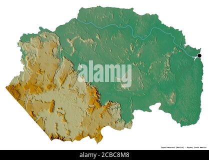 Form von Cuyuni-Mazaruni, Region Guyana, mit seiner Hauptstadt isoliert auf weißem Hintergrund. Topografische Reliefkarte. 3D-Rendering Stockfoto