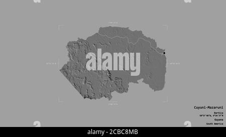 Gebiet von Cuyuni-Mazaruni, Region Guyana, isoliert auf einem soliden Hintergrund in einem georeferenzierten Begrenzungsrahmen. Beschriftungen. Höhenkarte mit zwei Ebenen. 3D-Rendering Stockfoto