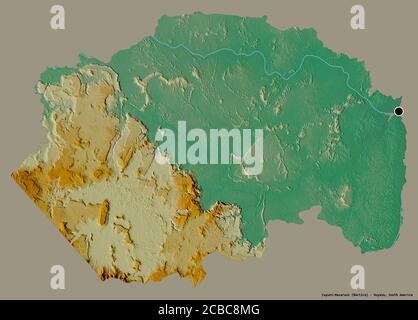 Form von Cuyuni-Mazaruni, Region von Guyana, mit seiner Hauptstadt isoliert auf einem einfarbigen Hintergrund. Topografische Reliefkarte. 3D-Rendering Stockfoto