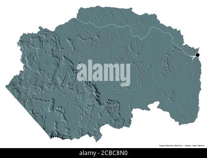 Form von Cuyuni-Mazaruni, Region Guyana, mit seiner Hauptstadt isoliert auf weißem Hintergrund. Farbige Höhenkarte. 3D-Rendering Stockfoto