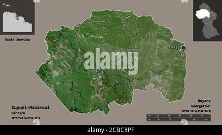 Form von Cuyuni-Mazaruni, Region Guyana, und seine Hauptstadt. Entfernungsskala, Vorschauen und Beschriftungen. Satellitenbilder. 3D-Rendering Stockfoto