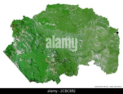 Form von Cuyuni-Mazaruni, Region Guyana, mit seiner Hauptstadt isoliert auf weißem Hintergrund. Satellitenbilder. 3D-Rendering Stockfoto