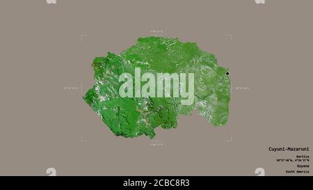 Gebiet von Cuyuni-Mazaruni, Region Guyana, isoliert auf einem soliden Hintergrund in einem georeferenzierten Begrenzungsrahmen. Beschriftungen. Satellitenbilder. 3D-Rendering Stockfoto