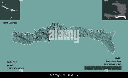 Form von Sud-Est, Abteilung von Haiti, und seine Hauptstadt. Entfernungsskala, Vorschauen und Beschriftungen. Farbige Höhenkarte. 3D-Rendering Stockfoto