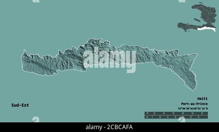 Form von Sud-Est, Abteilung von Haiti, mit seiner Hauptstadt auf festem Hintergrund isoliert. Entfernungsskala, Regionenvorschau und Beschriftungen. Farbige Höhenkarte Stockfoto