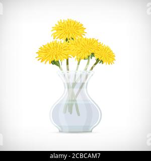 Transparente Vase mit gelben Blüten. Dekorativer Glasbehälter für Pflanzen, Blumen auf weißem Hintergrund. Dandelione Blume in klassischer Vase für Innenarchitektur. Flacher Style. Vektorgrafik. Stock Vektor