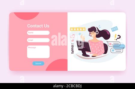 Tech-Support Landing Page Vorlage mit Kontakt uns Formular. Kundendienstbediener mit Headset im Gespräch mit Kunden, Website-Mockup. Cartoon-Vektor Stock Vektor