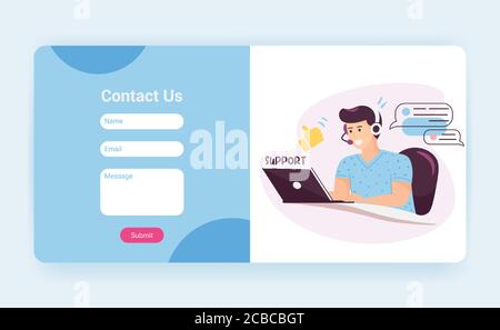 Tech-Support Landing Page Vorlage mit Kontakt uns Formular. Kundendienstbediener mit Headset im Gespräch mit Kunden, Website-Mockup. Cartoon-Vektor Stock Vektor