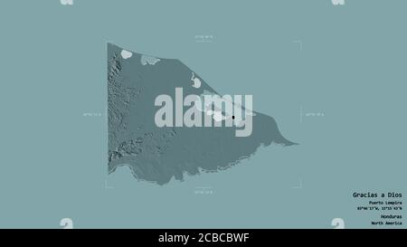 Gebiet von Gracias a Dios, Abteilung von Honduras, isoliert auf einem soliden Hintergrund in einem georeferenzierten Begrenzungsrahmen. Beschriftungen. Farbige Höhenkarte. 3D-Rend Stockfoto