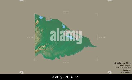 Gebiet von Gracias a Dios, Abteilung von Honduras, isoliert auf einem soliden Hintergrund in einem georeferenzierten Begrenzungsrahmen. Beschriftungen. Topografische Reliefkarte. 3D ren Stockfoto