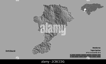 Form von Intibucá, Abteilung von Honduras, mit seiner Hauptstadt auf festem Hintergrund isoliert. Entfernungsskala, Regionenvorschau und Beschriftungen. Höhe der Bilevel Stockfoto