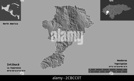 Form von Intibucá, Abteilung von Honduras, und seine Hauptstadt. Entfernungsskala, Vorschauen und Beschriftungen. Höhenkarte mit zwei Ebenen. 3D-Rendering Stockfoto