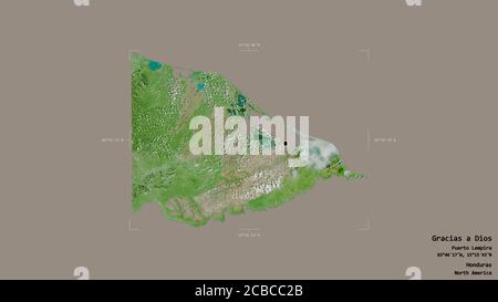 Gebiet von Gracias a Dios, Abteilung von Honduras, isoliert auf einem soliden Hintergrund in einem georeferenzierten Begrenzungsrahmen. Beschriftungen. Satellitenbilder. 3D-Renderin Stockfoto