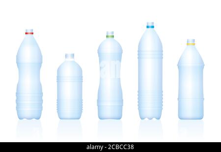 Plastikflaschen. Verschiedene leere blaue transparente unbeschriftete Wasserflasche Sammlung - Abbildung auf weißem Hintergrund. Stockfoto