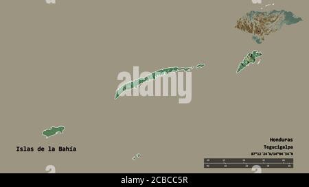 Form von Islas de la Bahía, Abteilung von Honduras, mit seiner Hauptstadt auf festem Hintergrund isoliert. Entfernungsskala, Regionenvorschau und Beschriftungen. Topograp Stockfoto