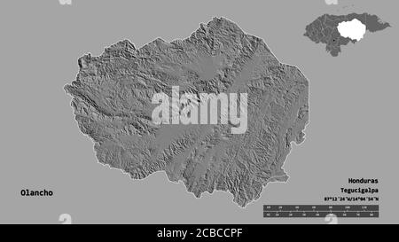 Form von Olancho, Abteilung von Honduras, mit seiner Hauptstadt auf festem Hintergrund isoliert. Entfernungsskala, Regionenvorschau und Beschriftungen. Höhe der Bilevel Stockfoto